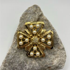 Vintage Gold Tone Maltese Cross Brooch with Faux Pearls and Rhinestones